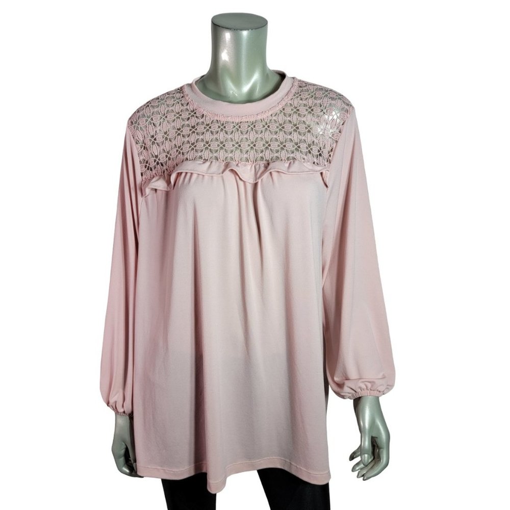 Massini Top Plus Sz 2X‎ Lace Stretch Round Neck Long Sleeve Casual Pullover Pink